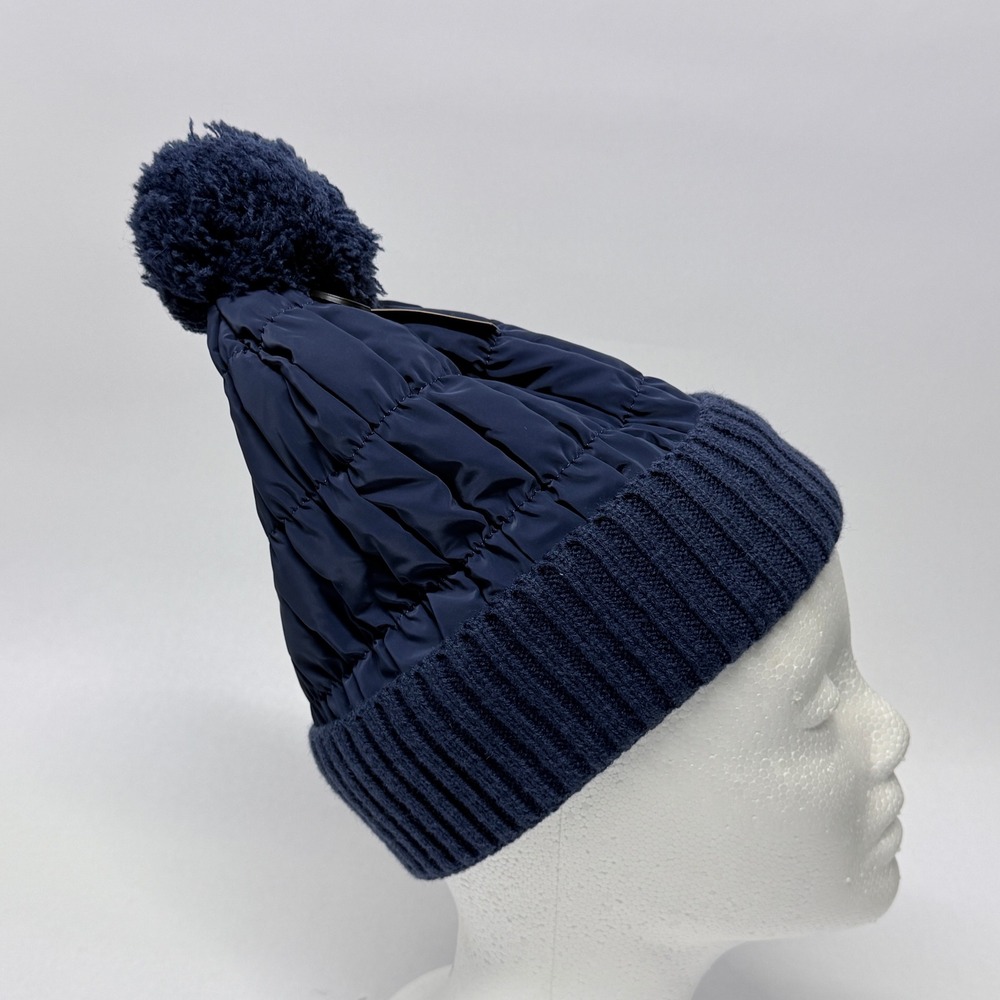 Fanes Paul Youth Navy Blue Puffer Knit Beanie Fuzzy Fleece Lined Pom Hat